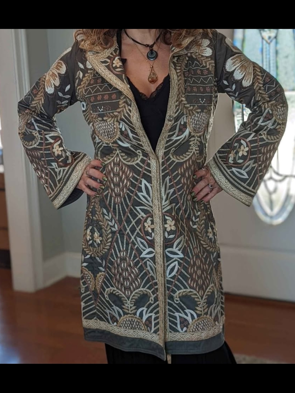 Vintage Japanese Style Embroidered Long Trench Coat in Olive and Taupe
